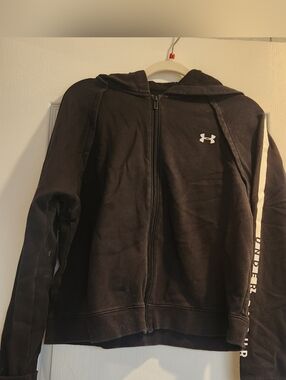 Under Armour Womens Black Zip-Up Hoodie with Sleeve Logo L Euc